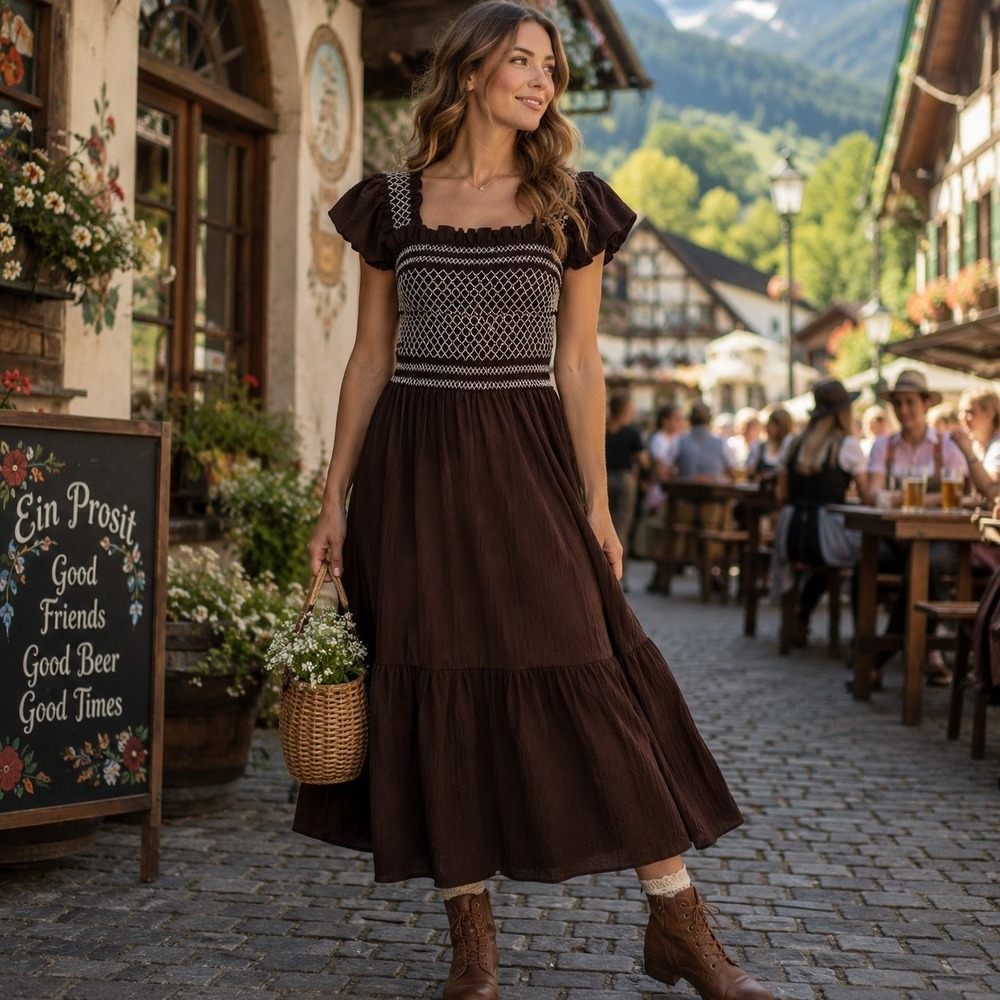 Oddy Tiered Peasant Dress Womens Small Brown Smocked Folk Germanfest Oktoberfest